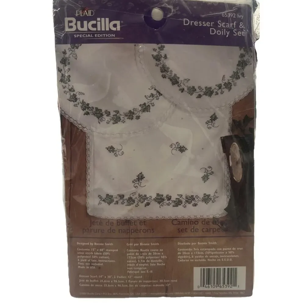 Vtg Bucilla Ivy Dresser Scarf‎ 2 Doily Cross Stitch Lace Set 65392 Stamped NEW